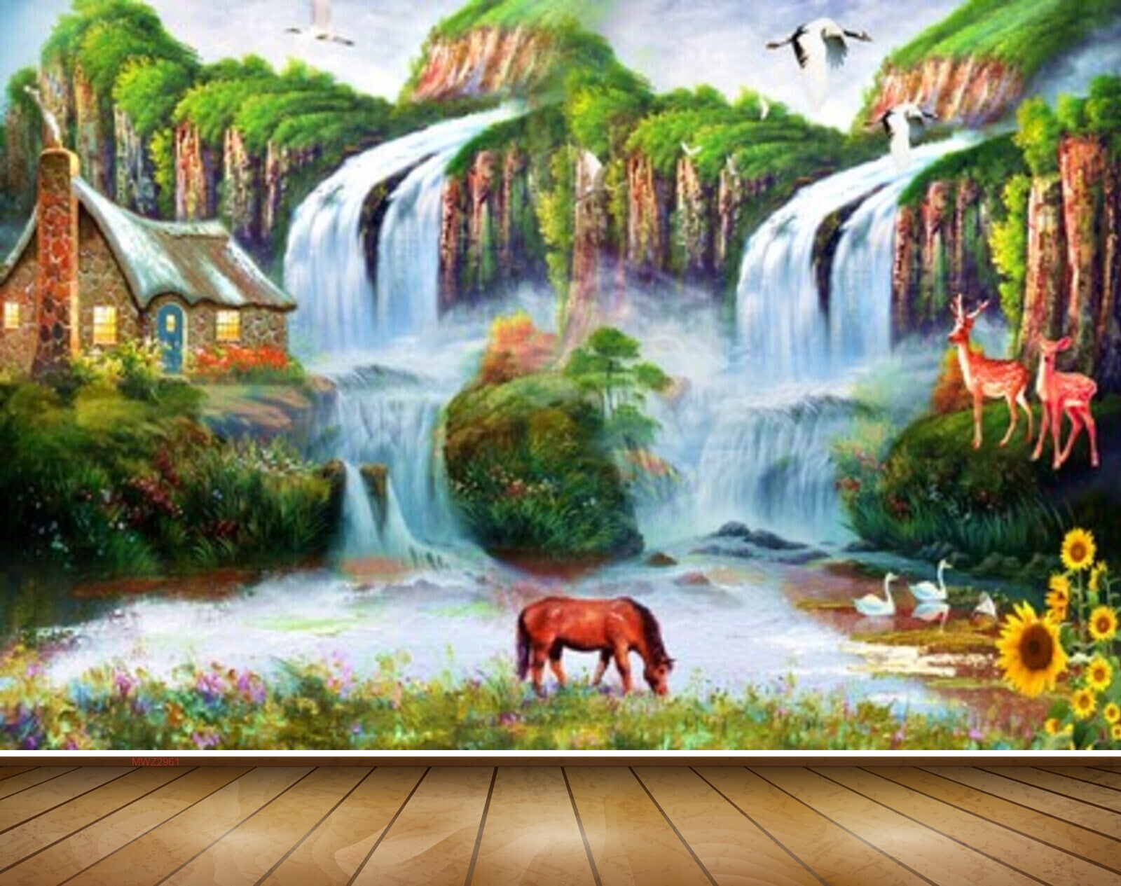 Avikalp MWZ2961 Mountains Horse Birds Waterfalls House Flowers Swans Grass Plants Deers Painting HD Wallpaper