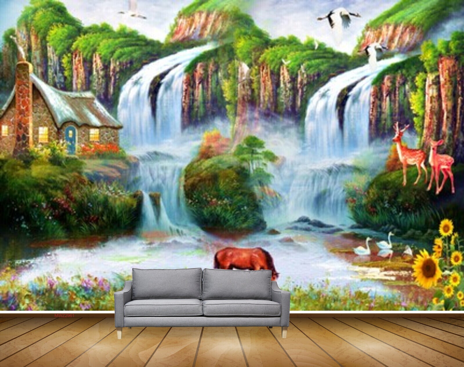 Avikalp MWZ2961 Mountains Horse Birds Waterfalls House Flowers Swans Grass Plants Deers Painting HD Wallpaper