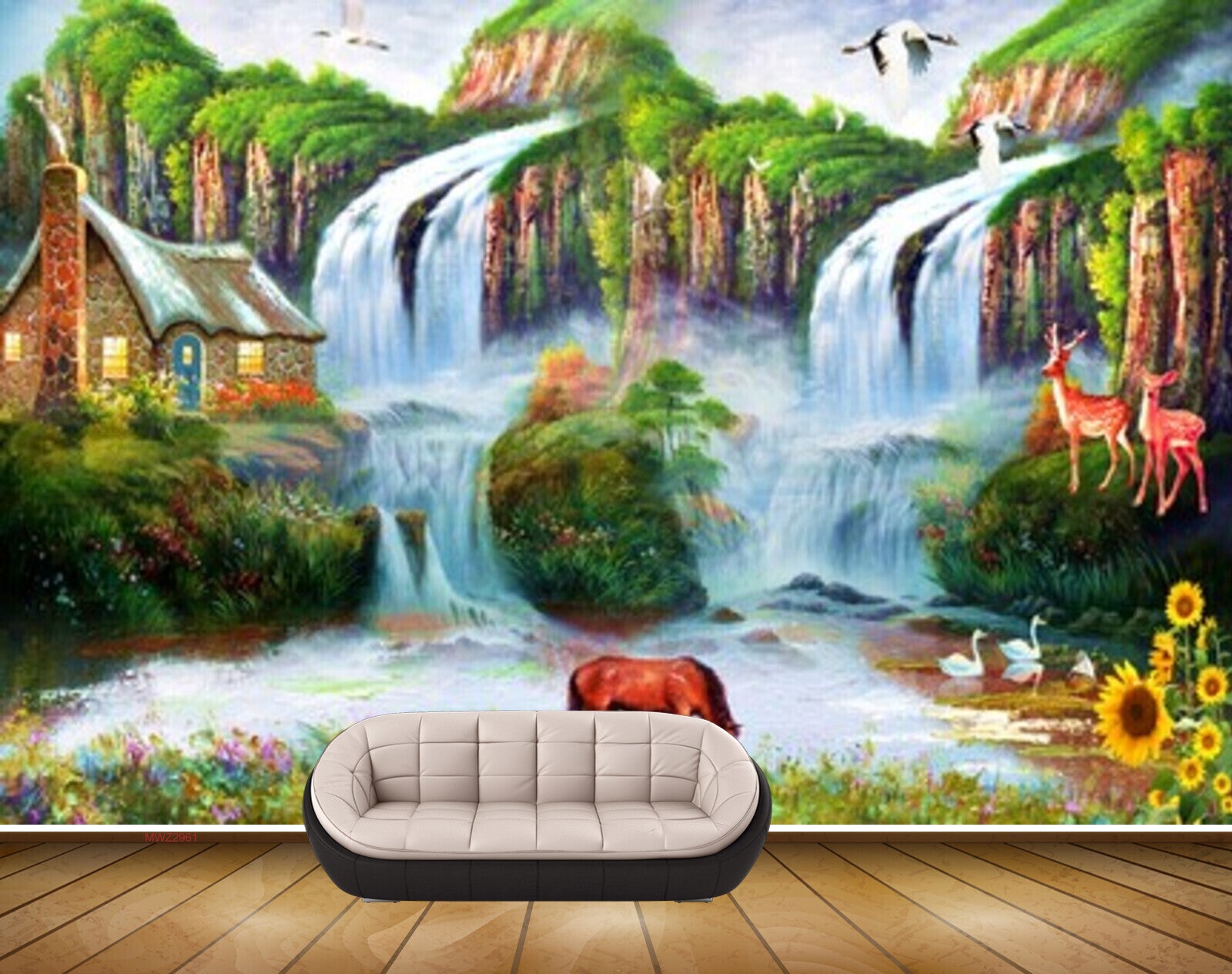 Avikalp MWZ2961 Mountains Horse Birds Waterfalls House Flowers Swans Grass Plants Deers Painting HD Wallpaper