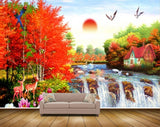 Avikalp MWZ2962 Sun Birds Trees Red Leaves Deers Waterfalls House Flowers Stones River Pond Water Painting HD Wallpaper