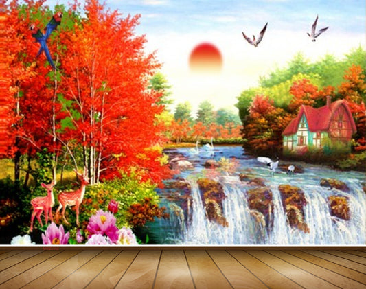 Avikalp MWZ2962 Sun Birds Trees Red Leaves Deers Waterfalls House Flowers Stones River Pond Water Painting HD Wallpaper
