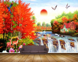 Avikalp MWZ2962 Sun Birds Trees Red Leaves Deers Waterfalls House Flowers Stones River Pond Water Painting HD Wallpaper