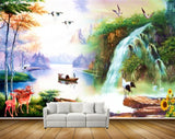 Avikalp MWZ2963 Birds Trees Waterfalls Deers Boats Flowers Stones River Lake Water Grass Flowers Plants Painting HD Wallpaper