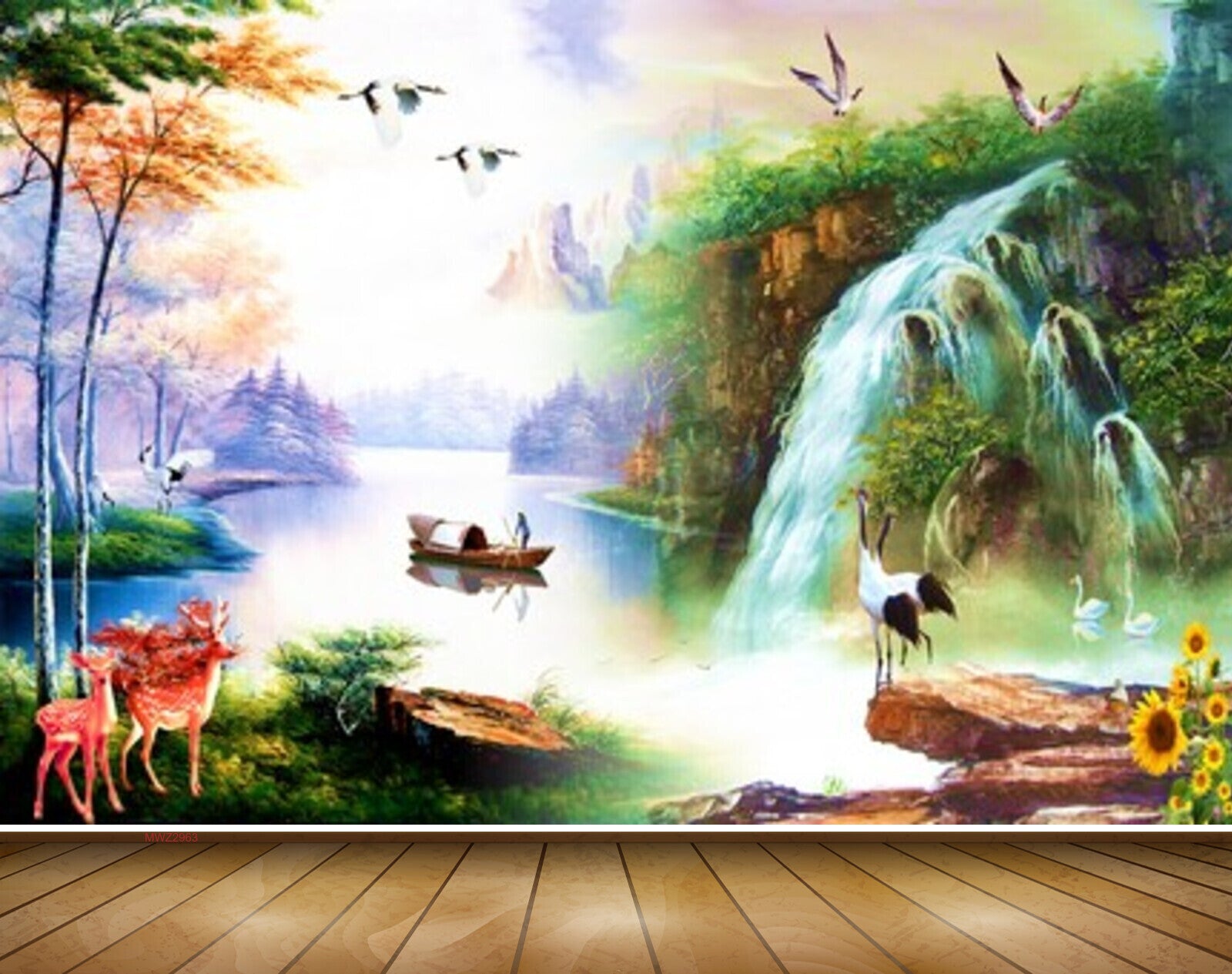 Avikalp MWZ2963 Birds Trees Waterfalls Deers Boats Flowers Stones River Lake Water Grass Flowers Plants Painting HD Wallpaper