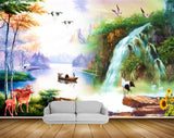 Avikalp MWZ2963 Birds Trees Waterfalls Deers Boats Flowers Stones River Lake Water Grass Flowers Plants Painting HD Wallpaper