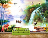 Avikalp MWZ2963 Birds Trees Waterfalls Deers Boats Flowers Stones River Lake Water Grass Flowers Plants Painting HD Wallpaper