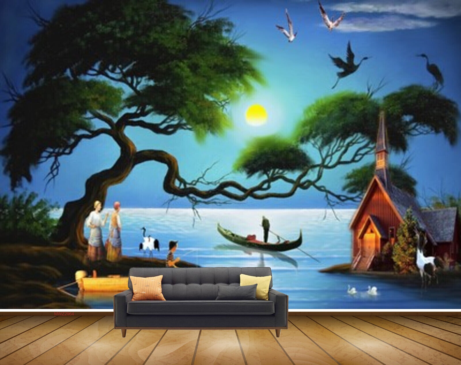 Avikalp MWZ2964 Trees Moon Boats Dog Hut House Birds Swans Sea Water Ocean Cranes People Painting HD Wallpaper