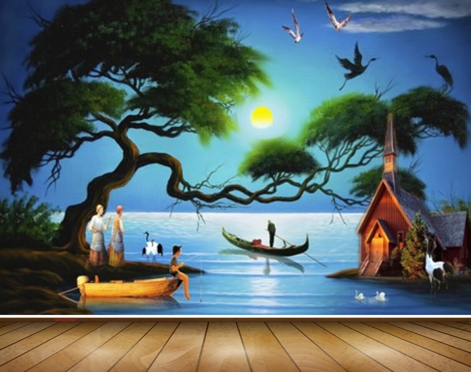 Avikalp MWZ2964 Trees Moon Boats Dog Hut House Birds Swans Sea Water Ocean Cranes People Painting HD Wallpaper