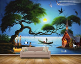 Avikalp MWZ2964 Trees Moon Boats Dog Hut House Birds Swans Sea Water Ocean Cranes People Painting HD Wallpaper