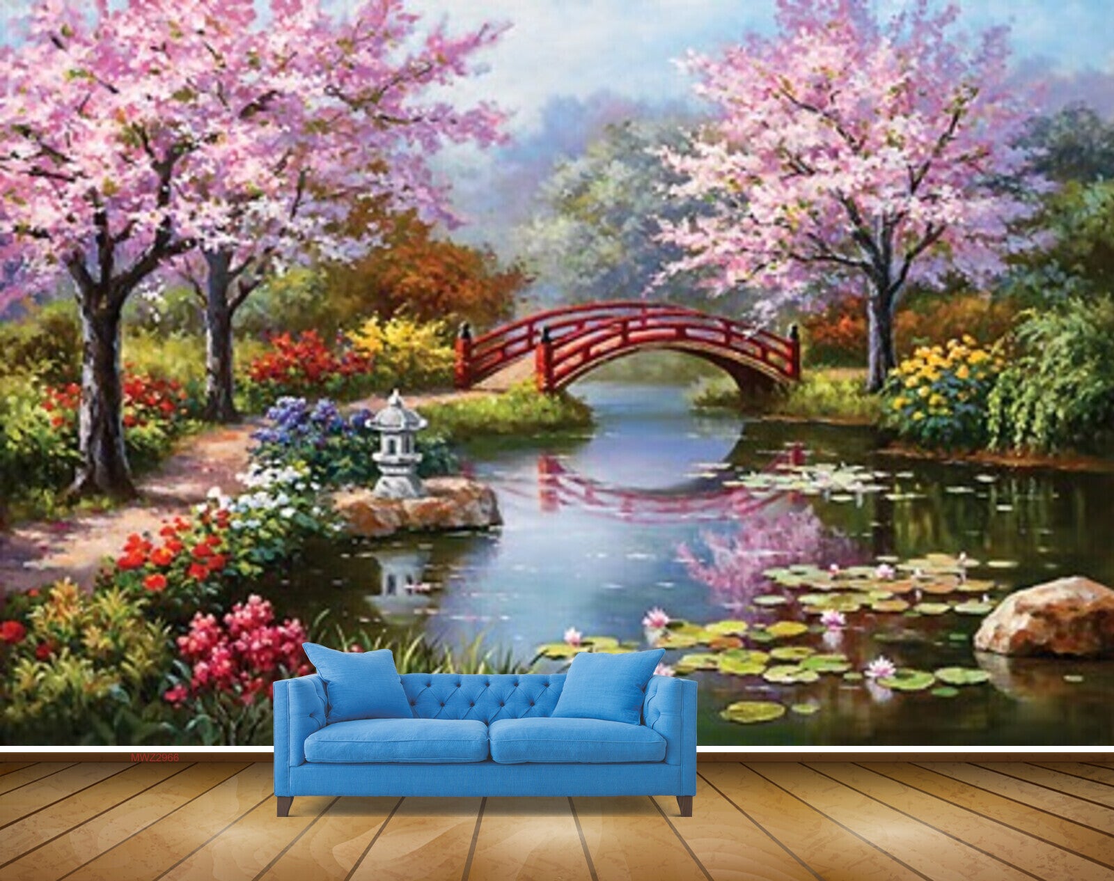 Avikalp MWZ2966 Pink Trees Flowers Clouds Stones Lakes River Pond Water Plants Off Road Vellay Painting HD Wallpaper