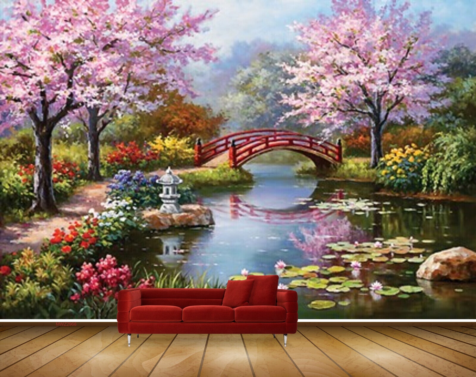 Avikalp MWZ2966 Pink Trees Flowers Clouds Stones Lakes River Pond Water Plants Off Road Vellay Painting HD Wallpaper