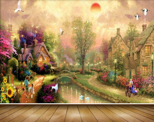 Avikalp MWZ2967 Sun Clouds Trees Houses Flowers Lights Birds People Kids Roads Bridge River Pond Lake Water Ducks Cranes Lamps Painting HD Wallpaper