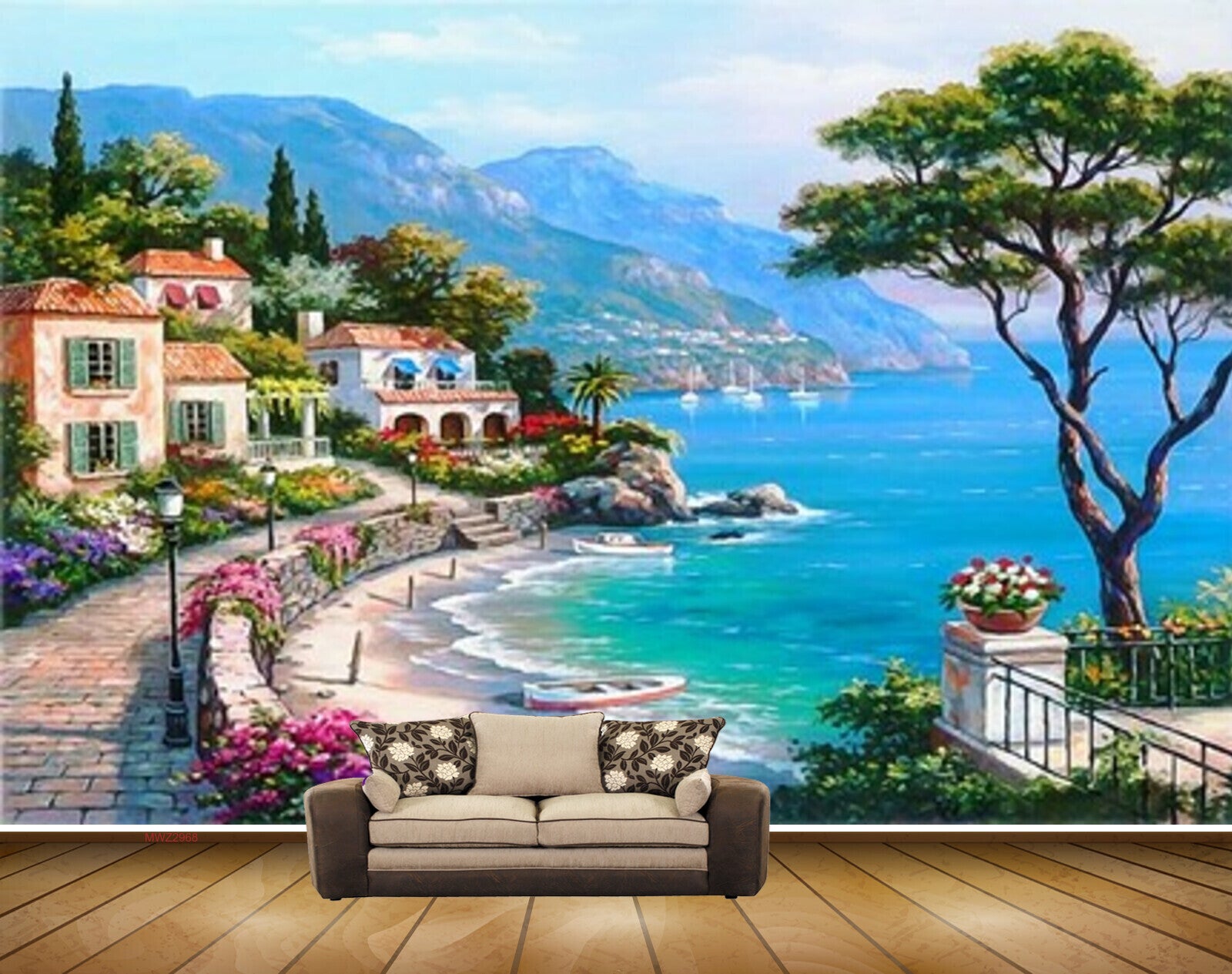 Avikalp MWZ2968 Sea Boats Trees Mountains Buildings Flowers Vellay Road Lamps Water Ocean Painting HD Wallpaper