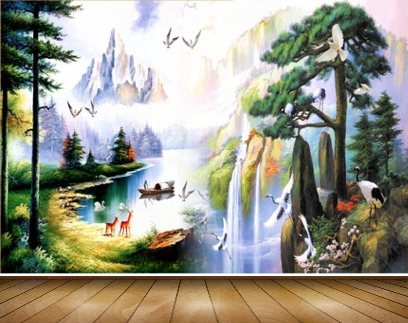 Avikalp MWZ2969 Trees Mountains Birds Deers Boat Lake Pond Water Waterfalls Grass Cranes Stones Deers Ducks Painting HD Wallpaper