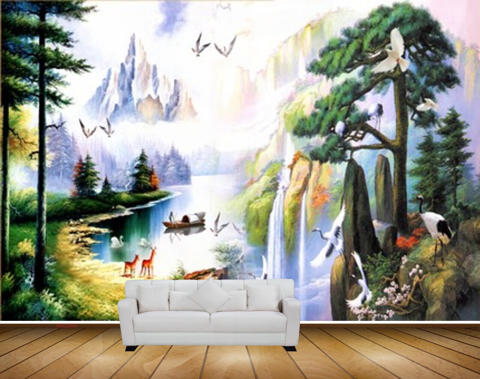 Avikalp MWZ2969 Trees Mountains Birds Deers Boat Lake Pond Water Waterfalls Grass Cranes Stones Deers Ducks Painting HD Wallpaper