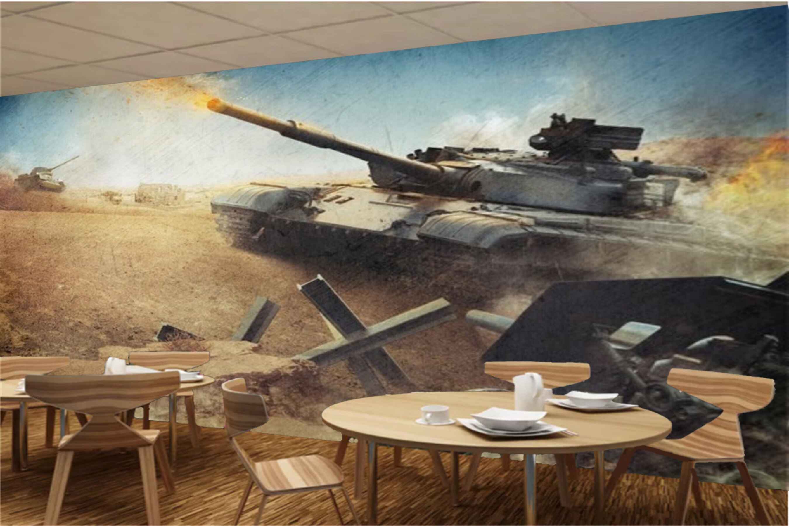 Avikalp MWZ2972 Military Tank Sandy Soil HD Wallpaper for Cafe Restaurant