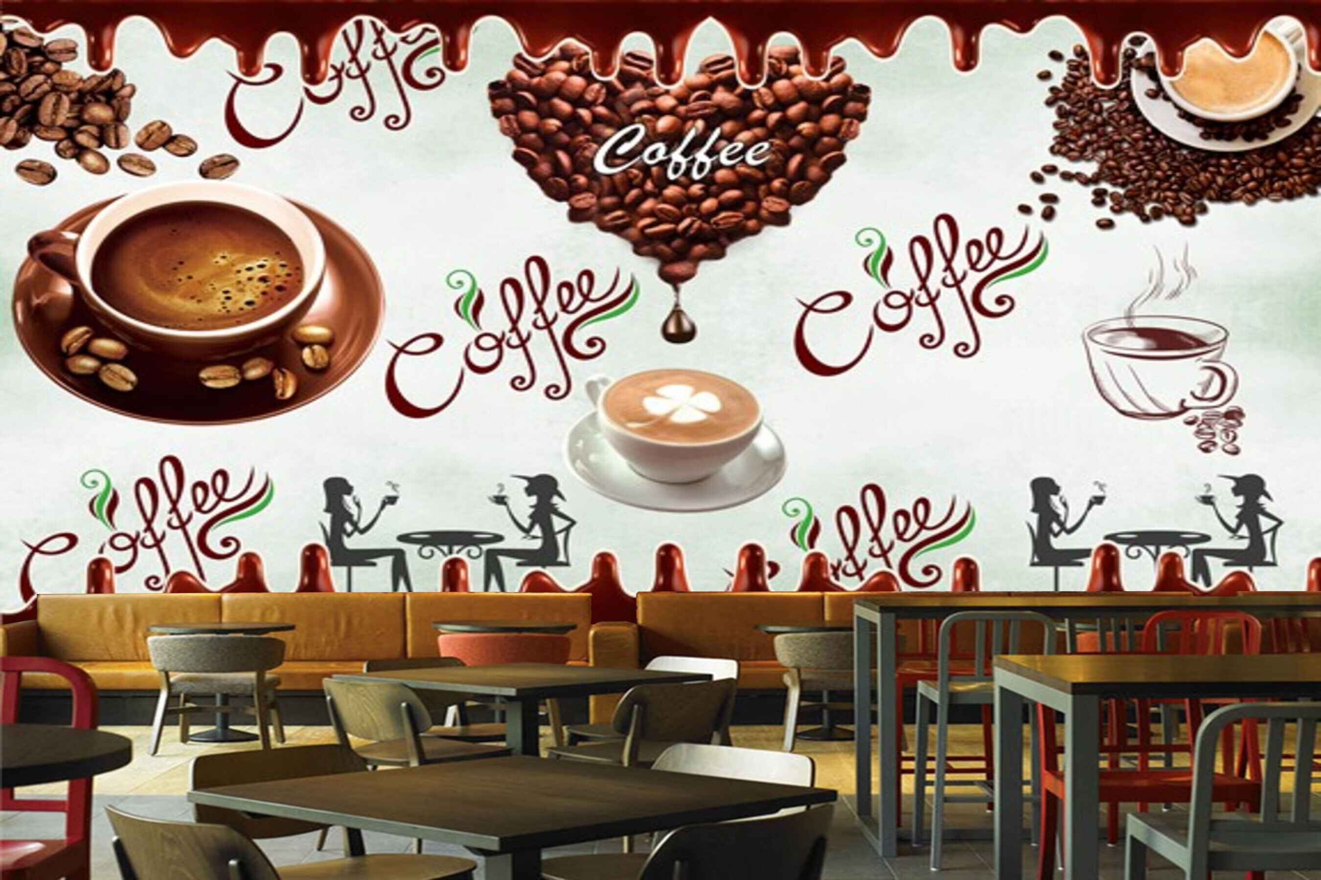 Avikalp MWZ2983 Coffee Beans Cups Saucers HD Wallpaper for Cafe Restaurant