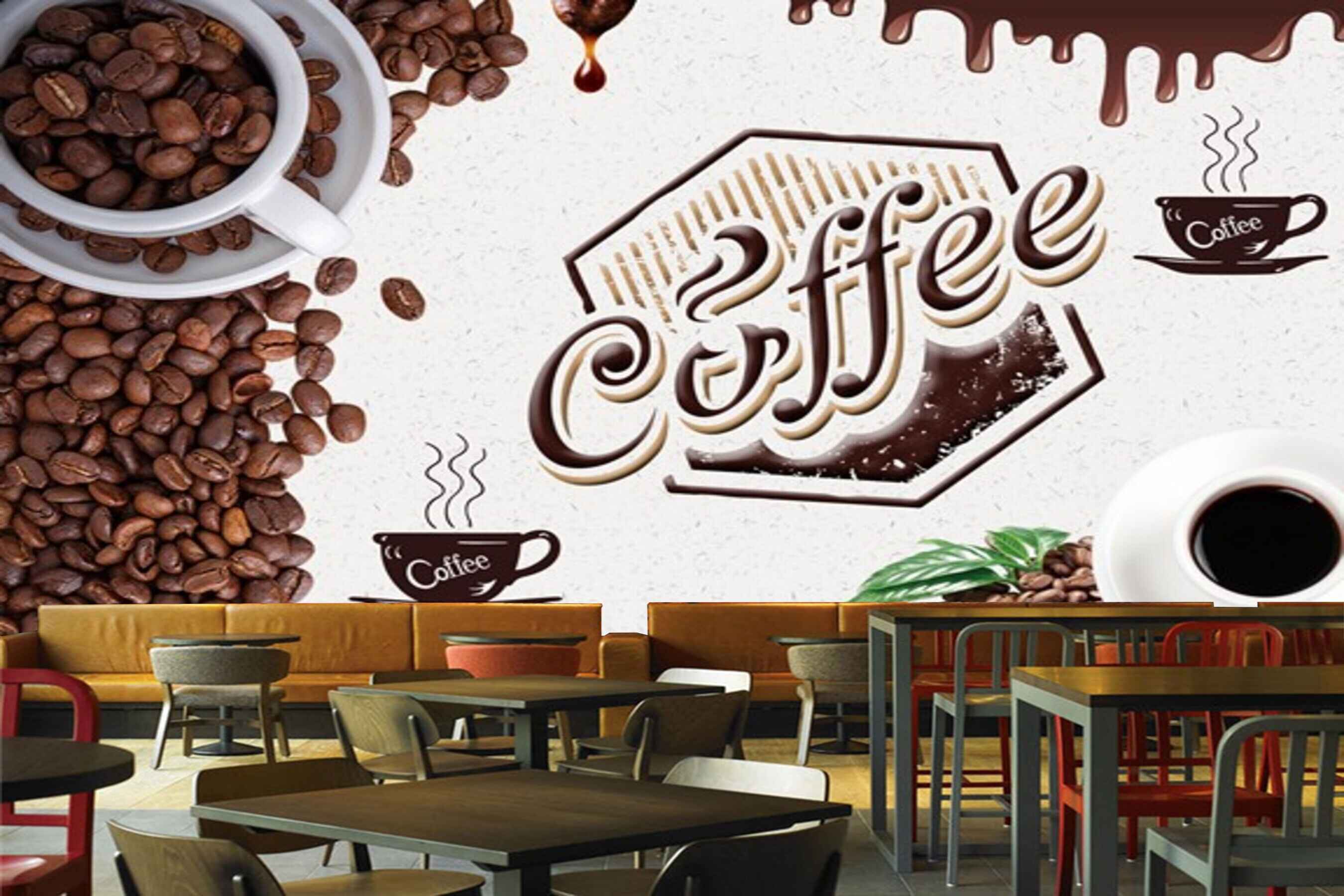 Avikalp MWZ2986 Coffee Beans Cups Leaves HD Wallpaper for Cafe Restaurant