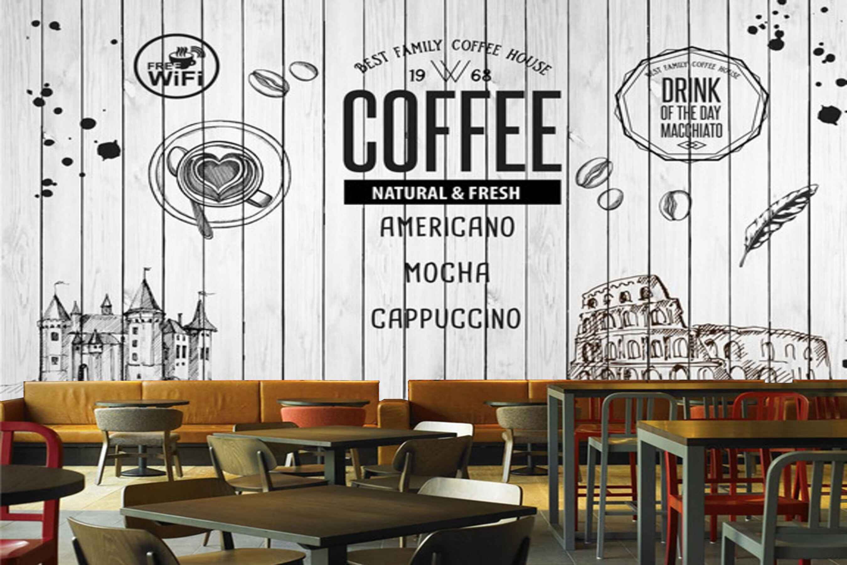 Avikalp MWZ2991 Coffee Cappuccino Cups Buildings HD Wallpaper for Cafe Restaurant