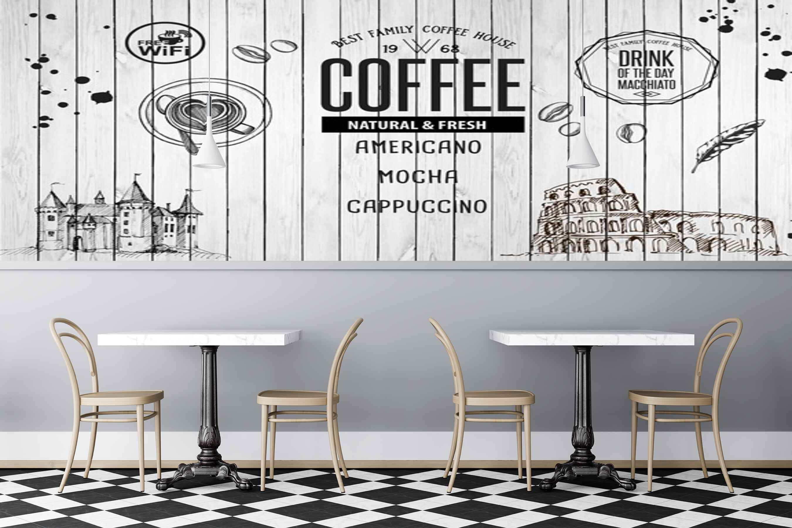 Avikalp MWZ2991 Coffee Cappuccino Cups Buildings HD Wallpaper for Cafe Restaurant