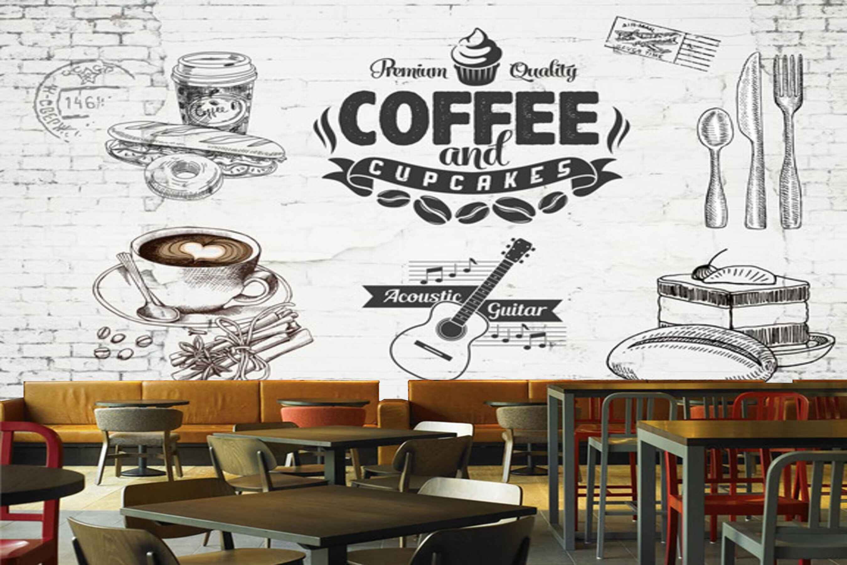 Avikalp MWZ2995 Coffee Spoons Acoustic Guitar Buns HD Wallpaper for Cafe Restaurant