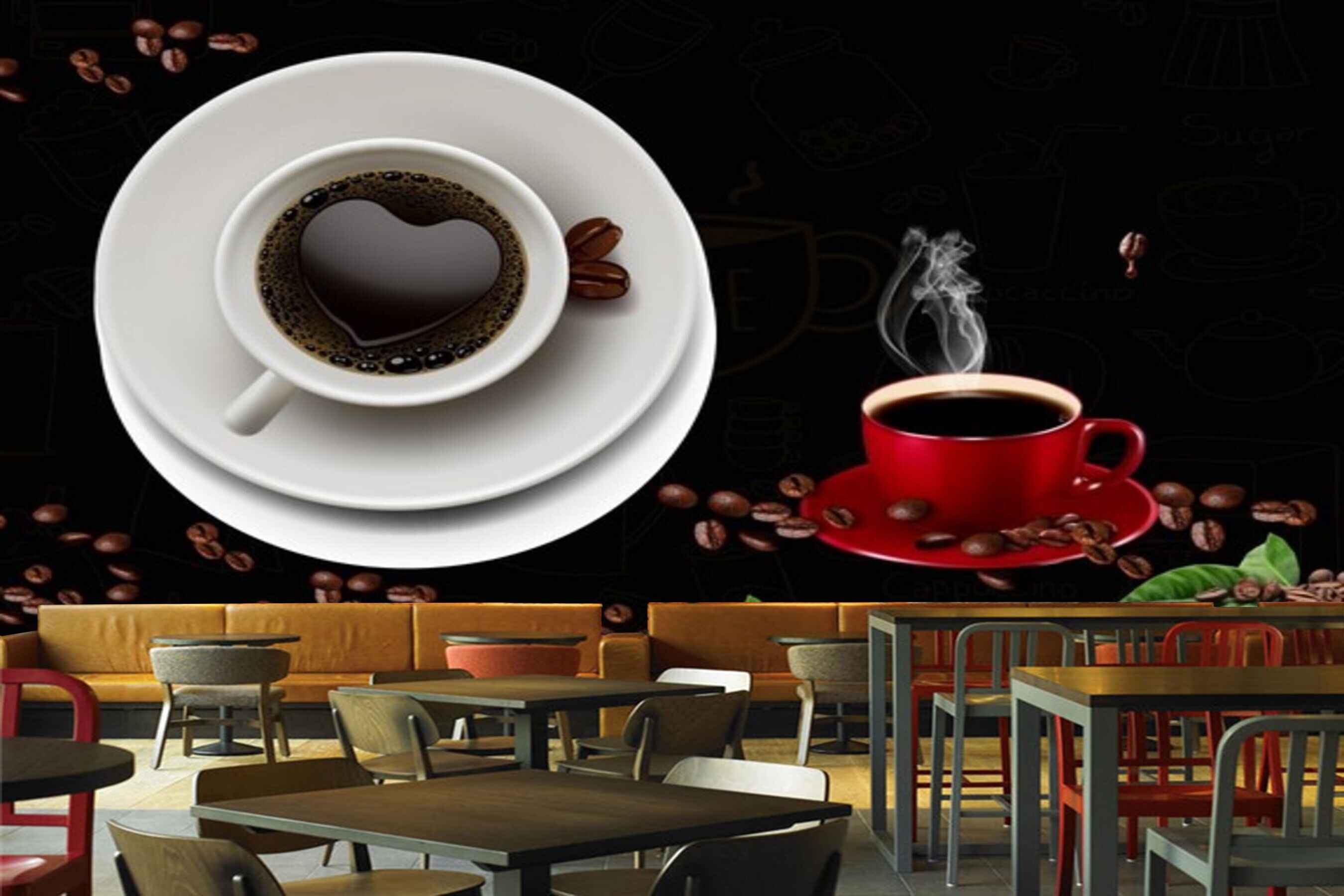Avikalp MWZ3001 Cup Saucer Coffee Beans Leaves HD Wallpaper for Cafe Restaurant