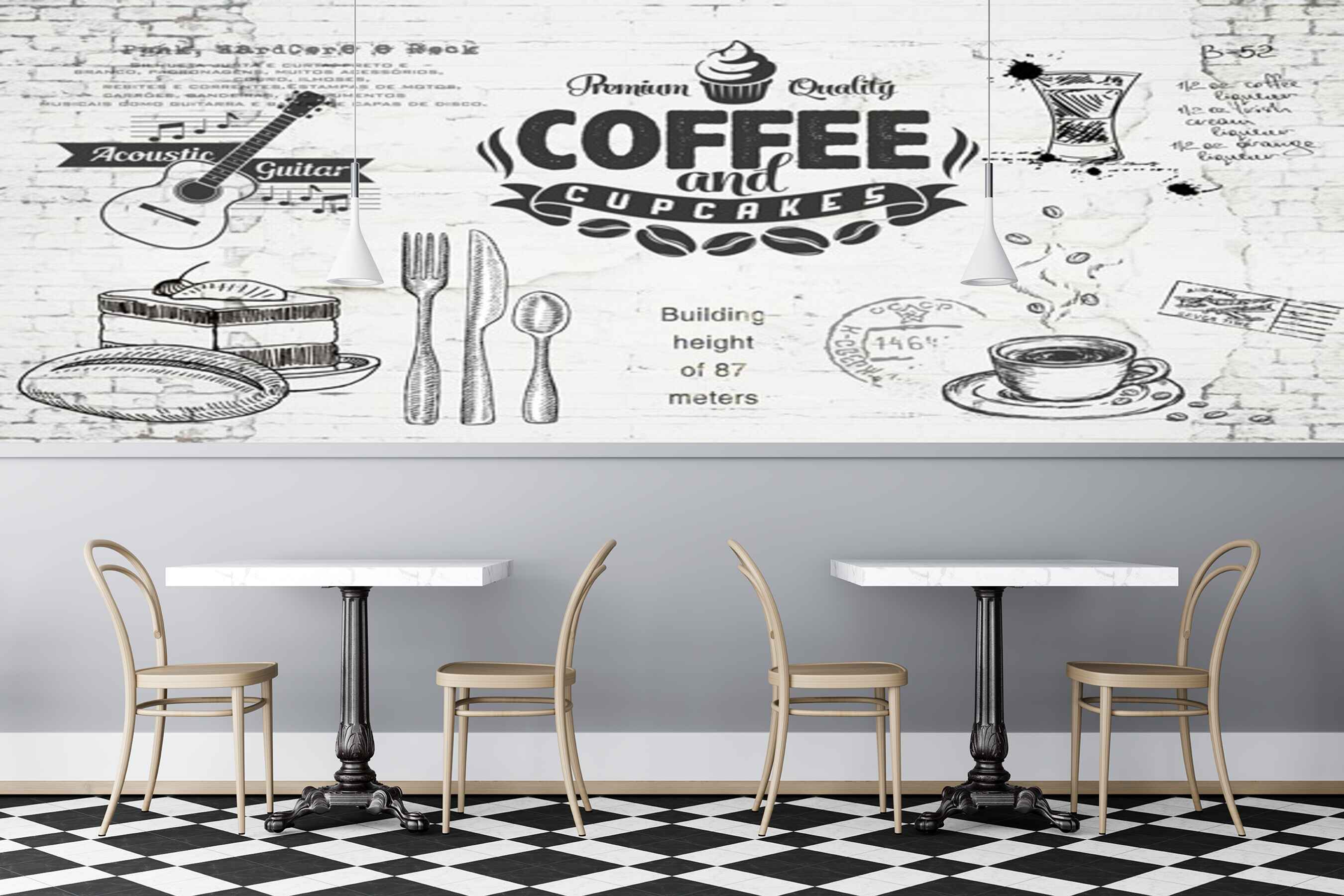 Avikalp MWZ3008 Coffee Cupcake Spoons Guitar HD Wallpaper for Cafe Restaurant