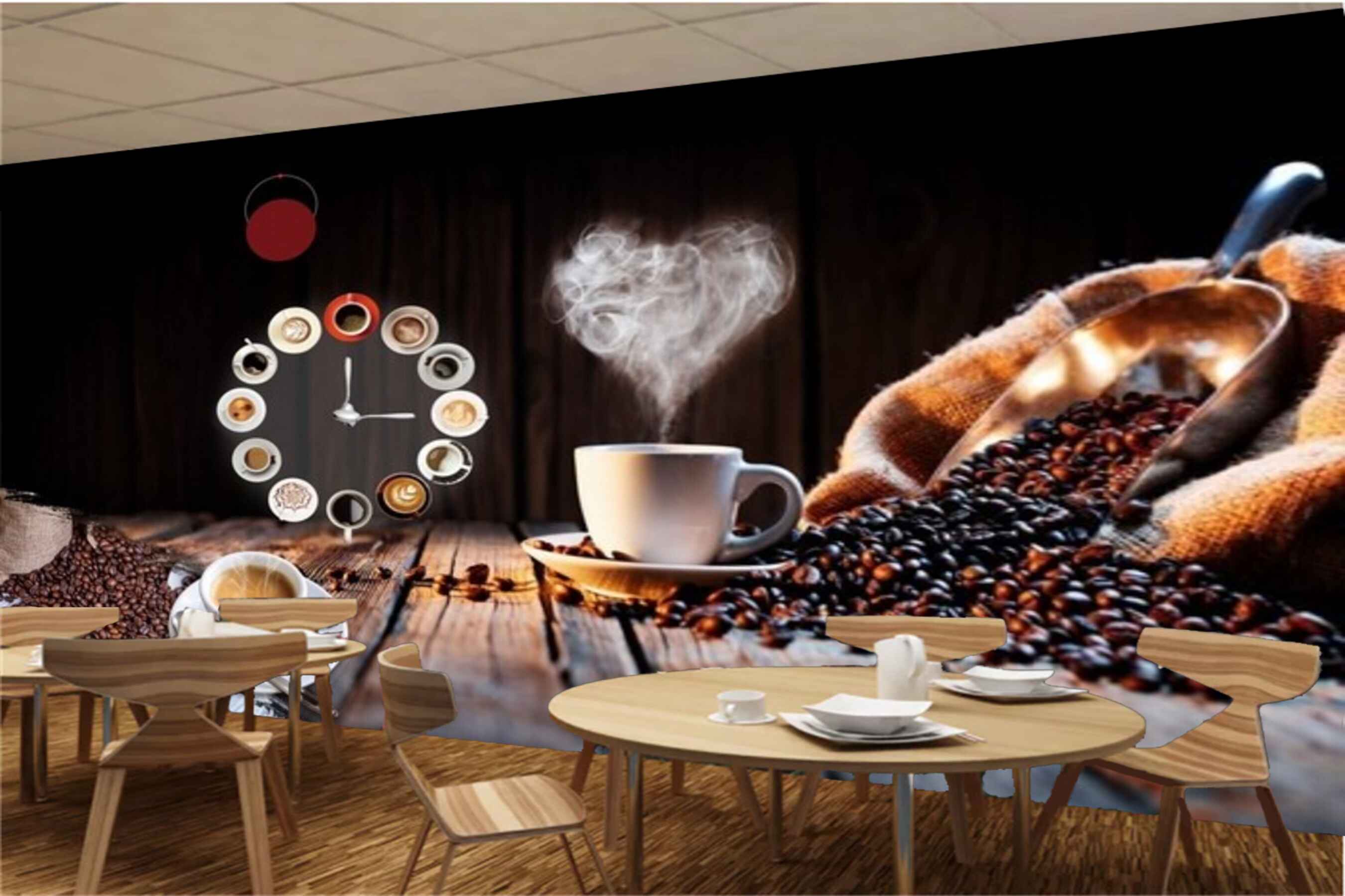 Avikalp MWZ3010 Clock Coffee Beans Cups Saucer HD Wallpaper for Cafe Restaurant