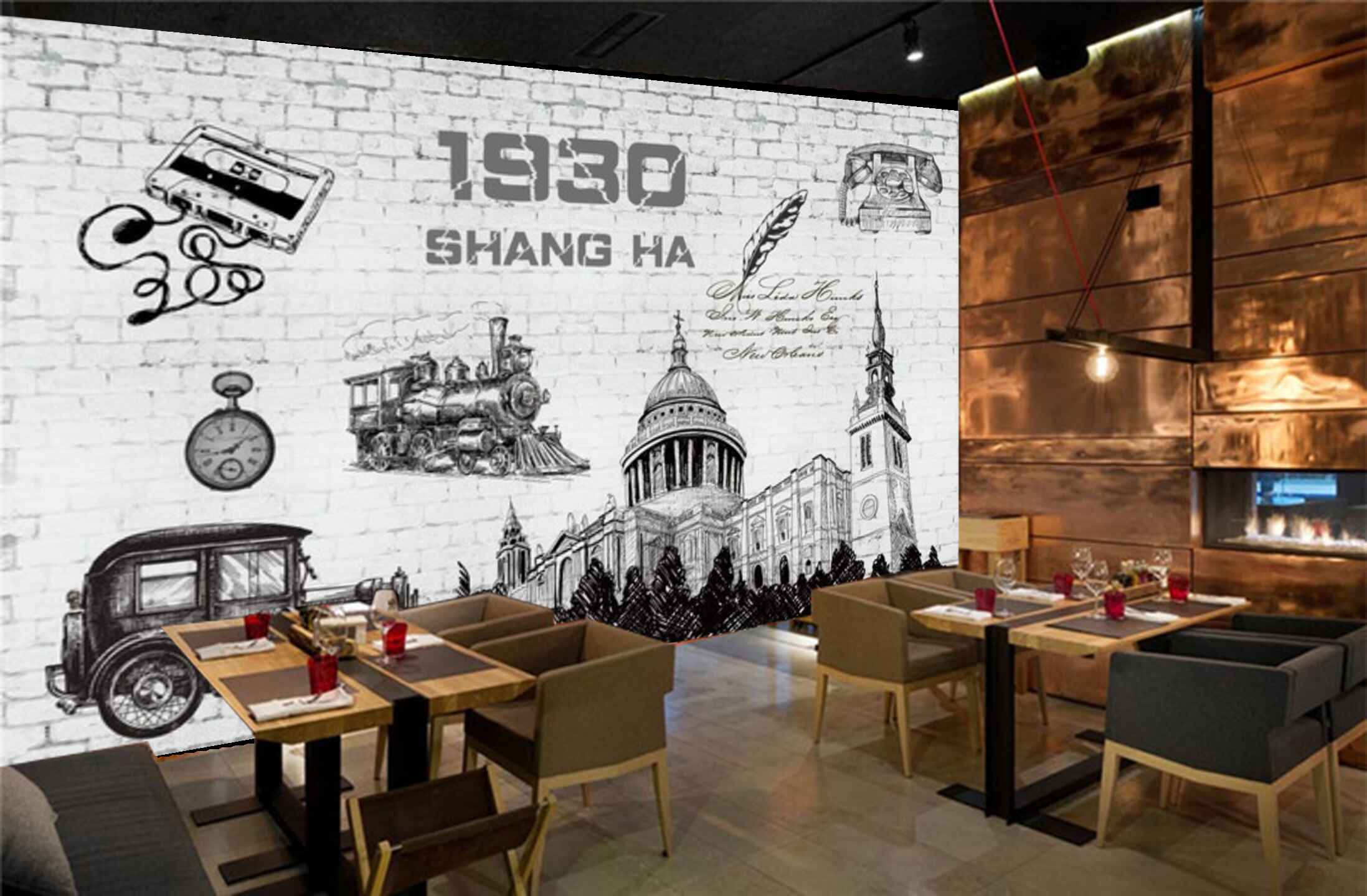 Avikalp MWZ3011 Shang Ha Car Building Telephone Clock HD Wallpaper for Cafe Restaurant