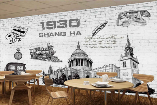Avikalp MWZ3011 Shang Ha Car Building Telephone Clock HD Wallpaper for Cafe Restaurant