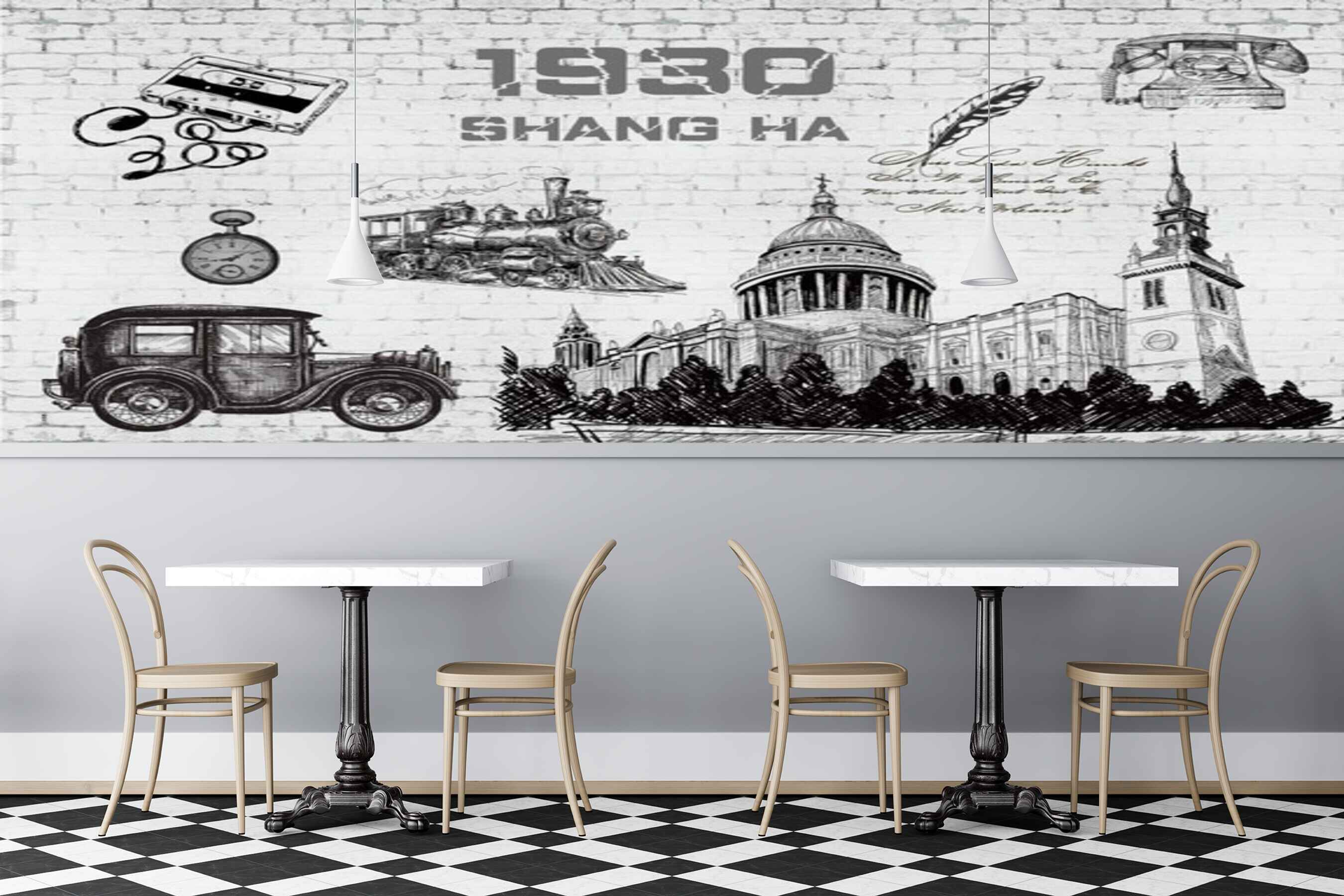 Avikalp MWZ3011 Shang Ha Car Building Telephone Clock HD Wallpaper for Cafe Restaurant