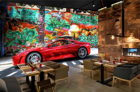 Avikalp MWZ3012 Red Car Doodle Road HD Wallpaper for Cafe Restaurant
