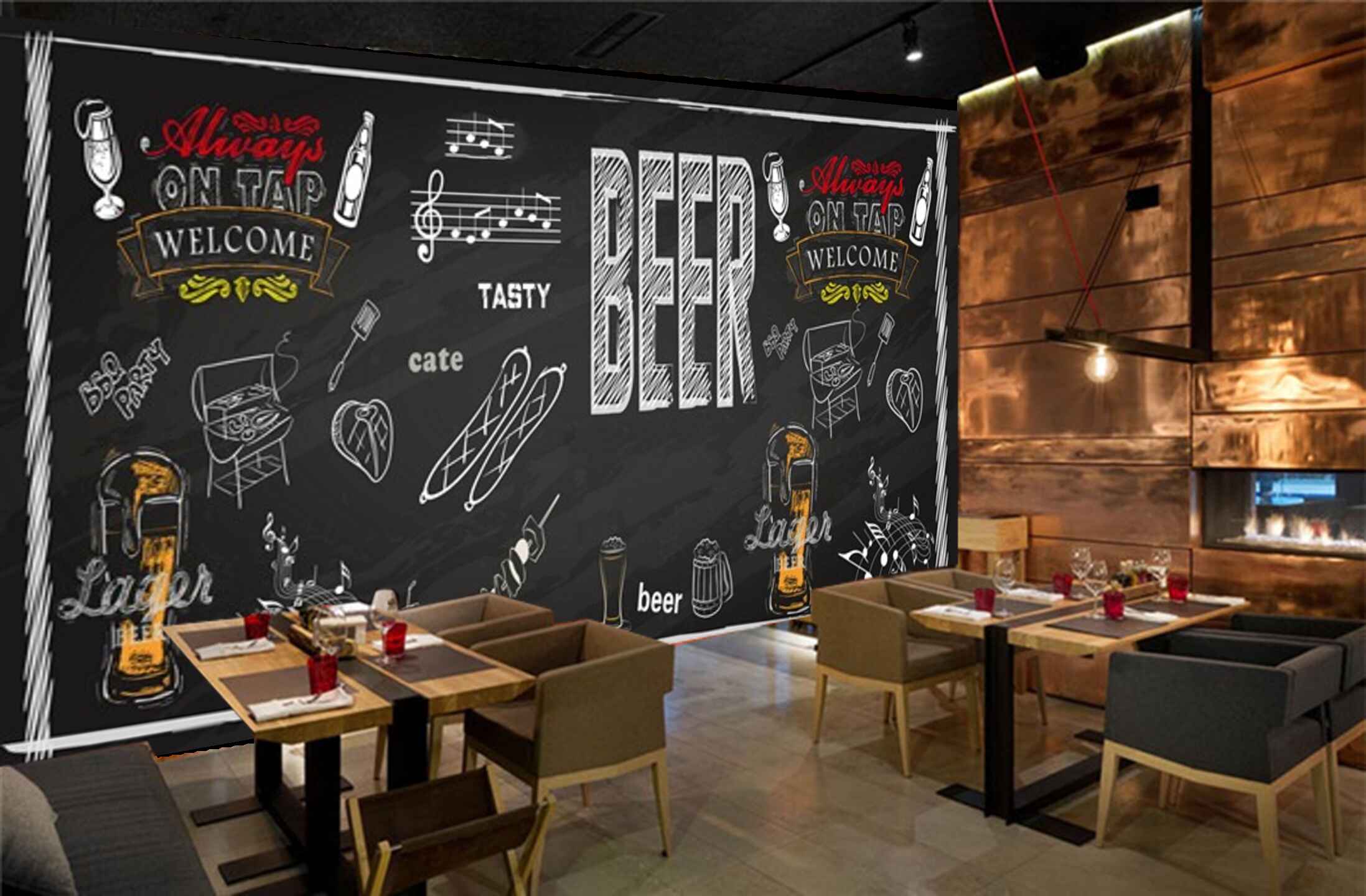 Avikalp MWZ3017 Beer Lager Barbeque Cate HD Wallpaper for Cafe Restaurant