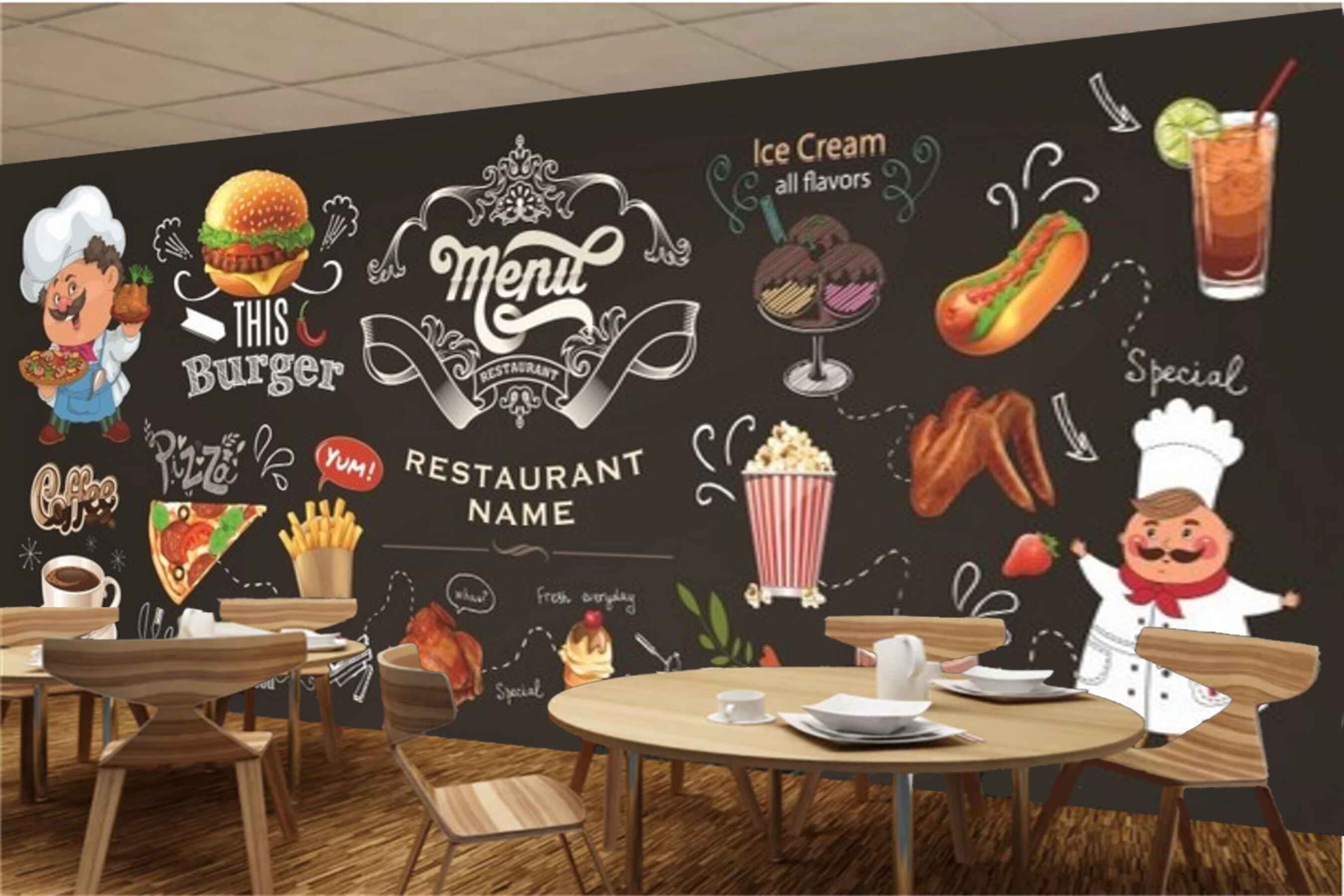 Avikalp MWZ3018 Restaurant Menu Burger Coffee Pizza HD Wallpaper for Cafe Restaurant