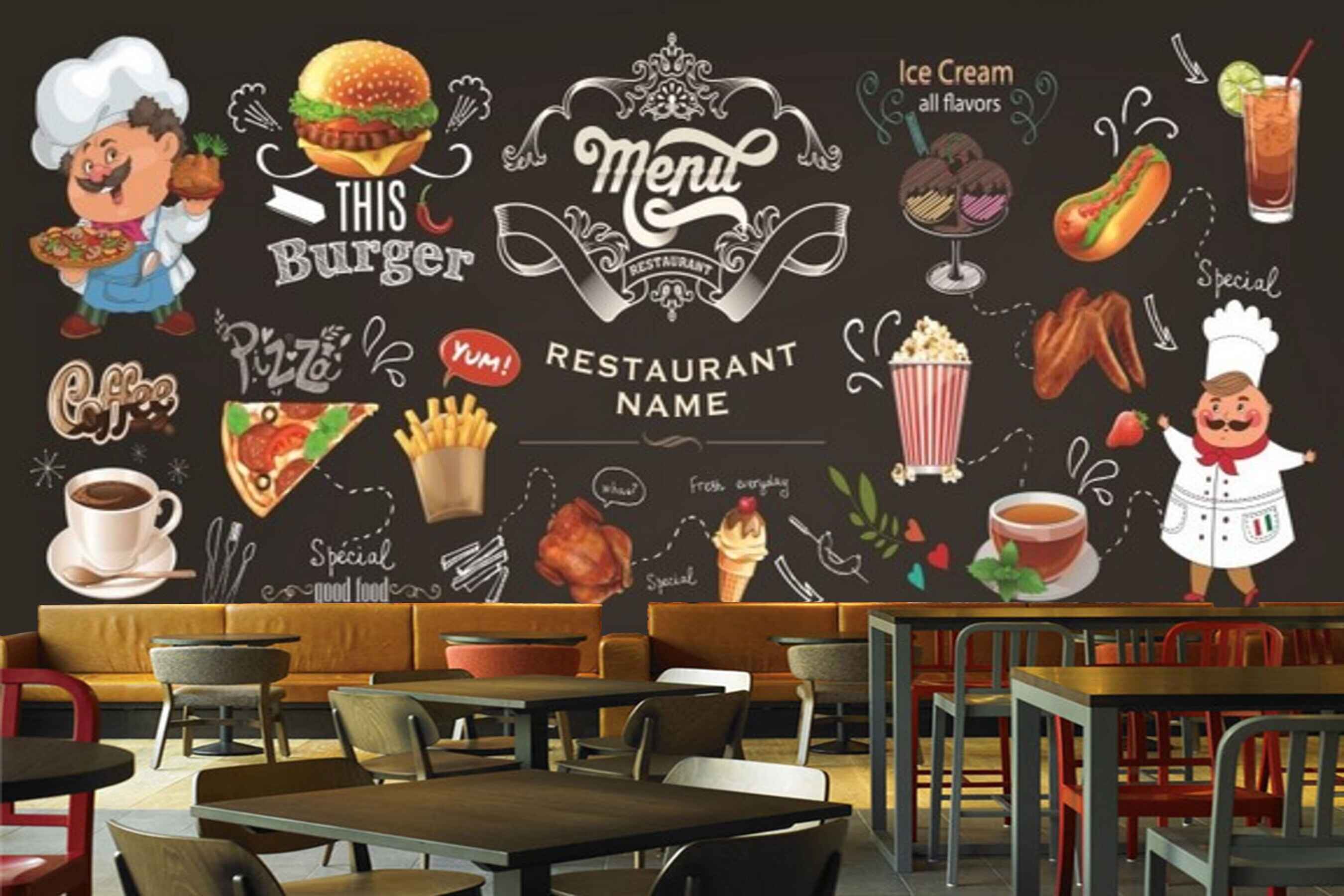 Avikalp MWZ3018 Restaurant Menu Burger Coffee Pizza HD Wallpaper for Cafe Restaurant