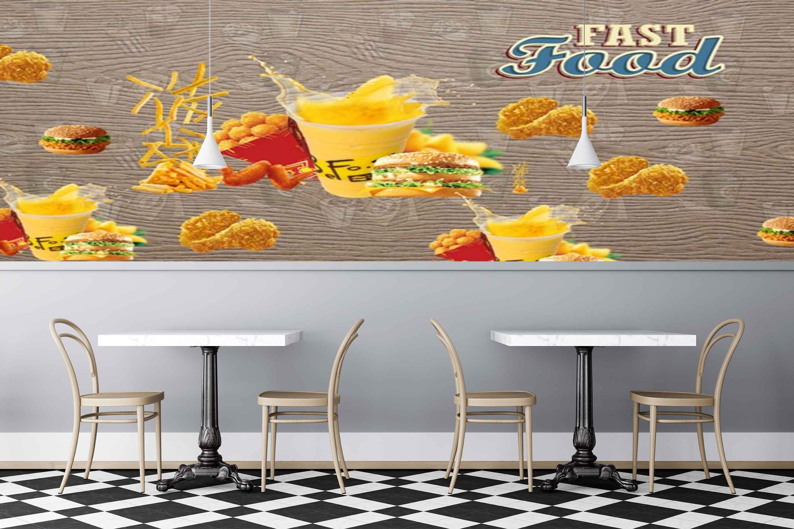 Avikalp MWZ3022 Fast Food Burger Chicken Wings French Fries HD Wallpaper for Cafe Restaurant