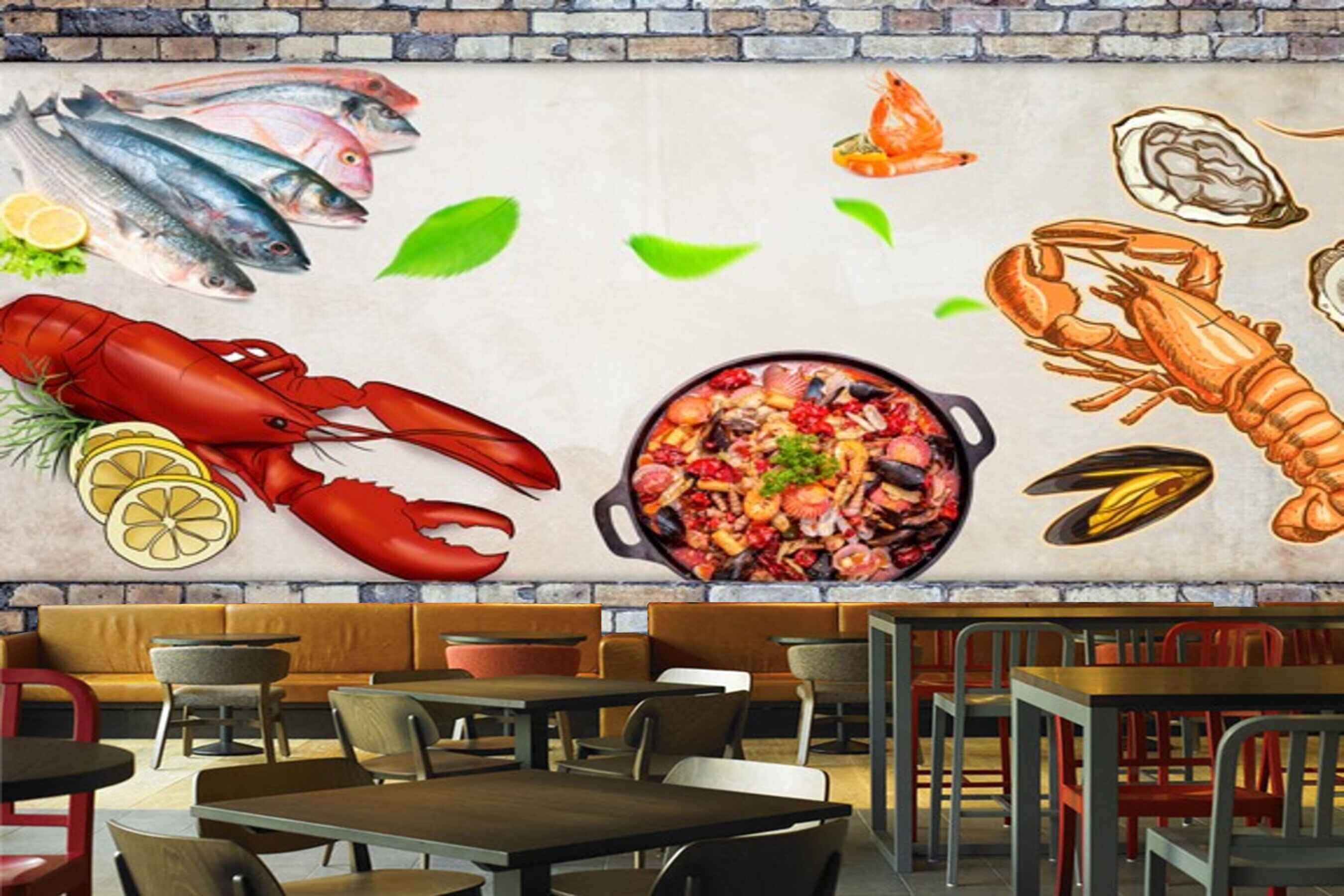 Avikalp MWZ3024 Crabs Fishes Food Scorpios HD Wallpaper for Cafe Restaurant