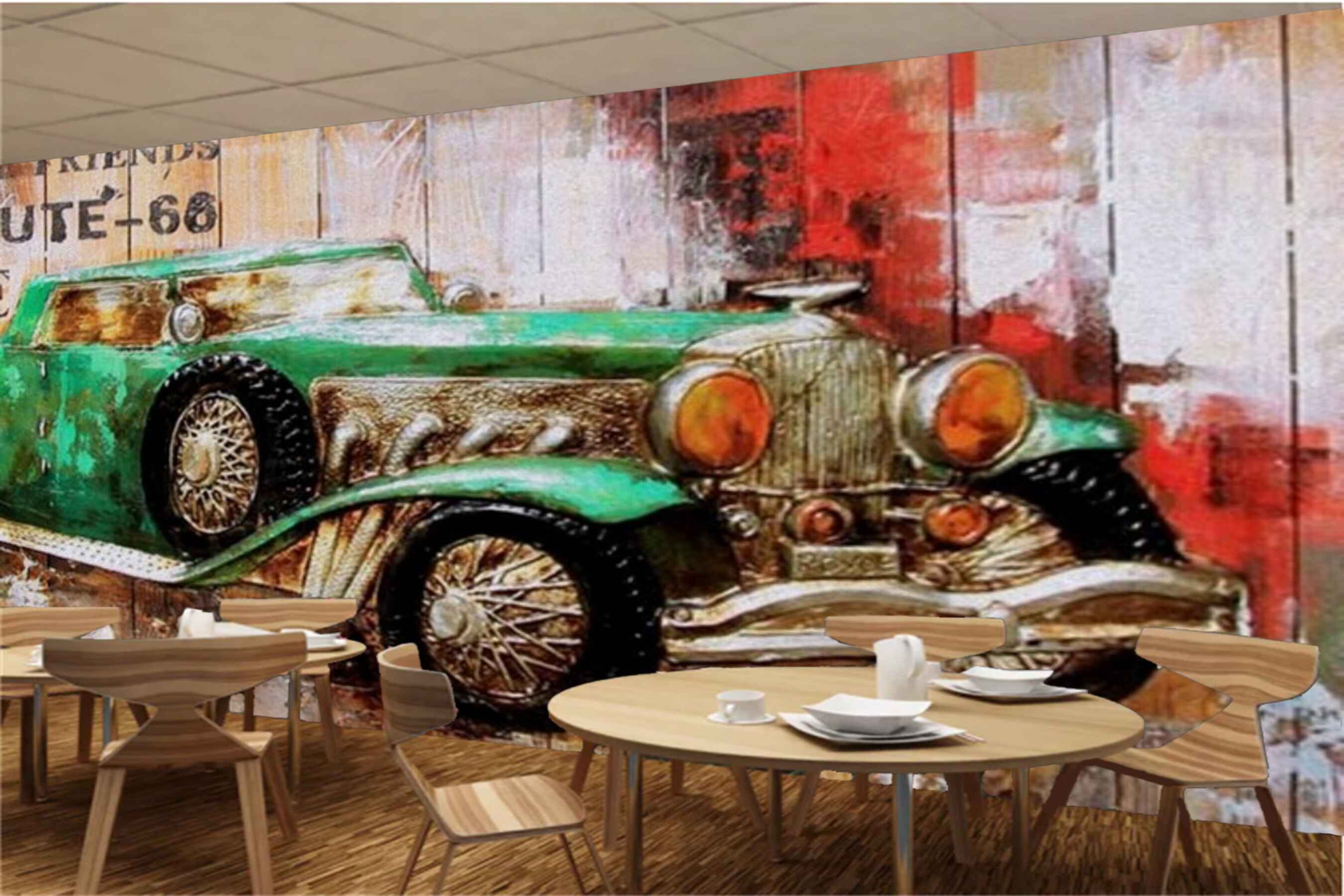 Avikalp MWZ3026 Green Car Wooden Board HD Wallpaper for Cafe Restaurant