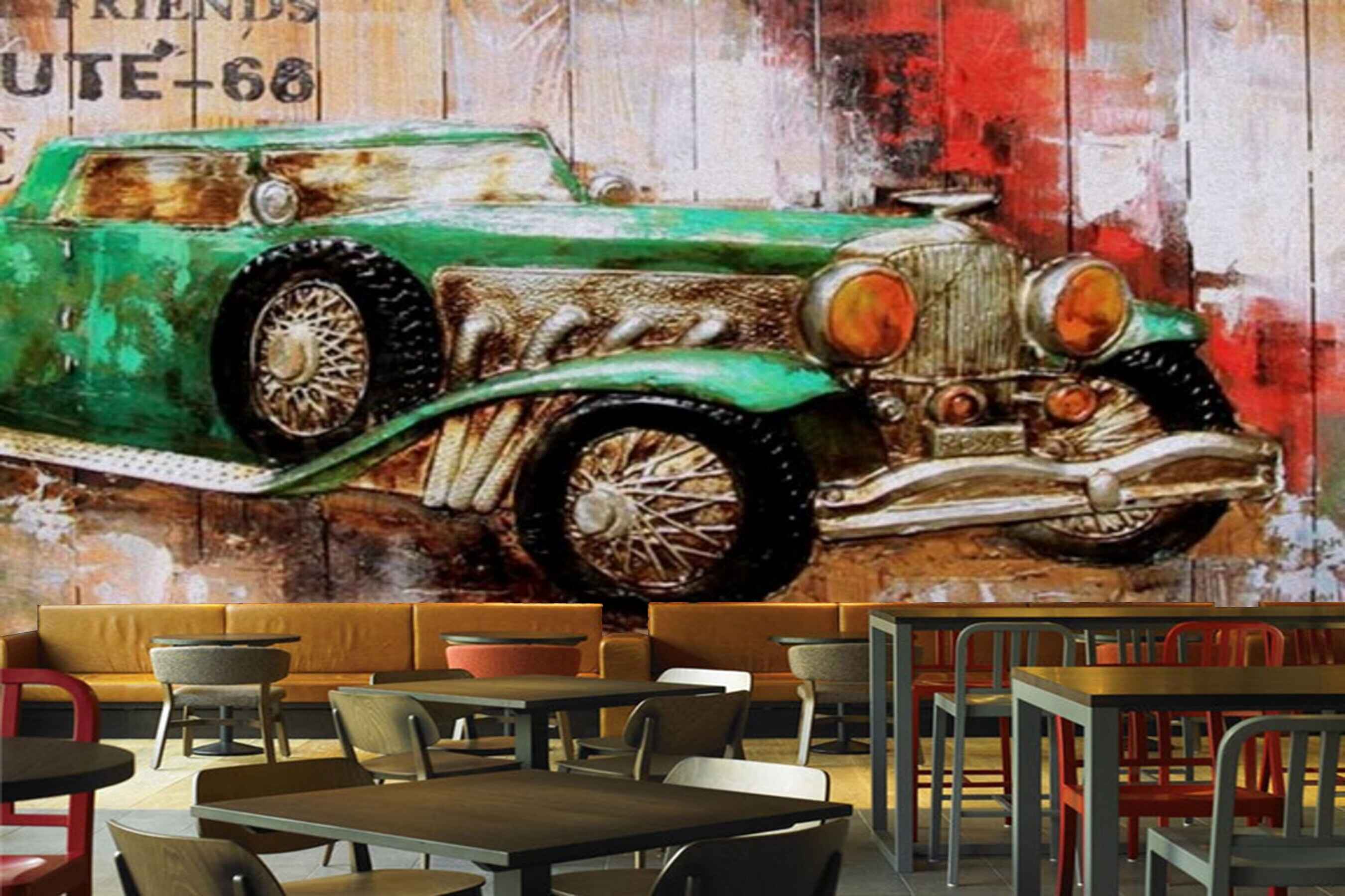 Avikalp MWZ3026 Green Car Wooden Board HD Wallpaper for Cafe Restaurant