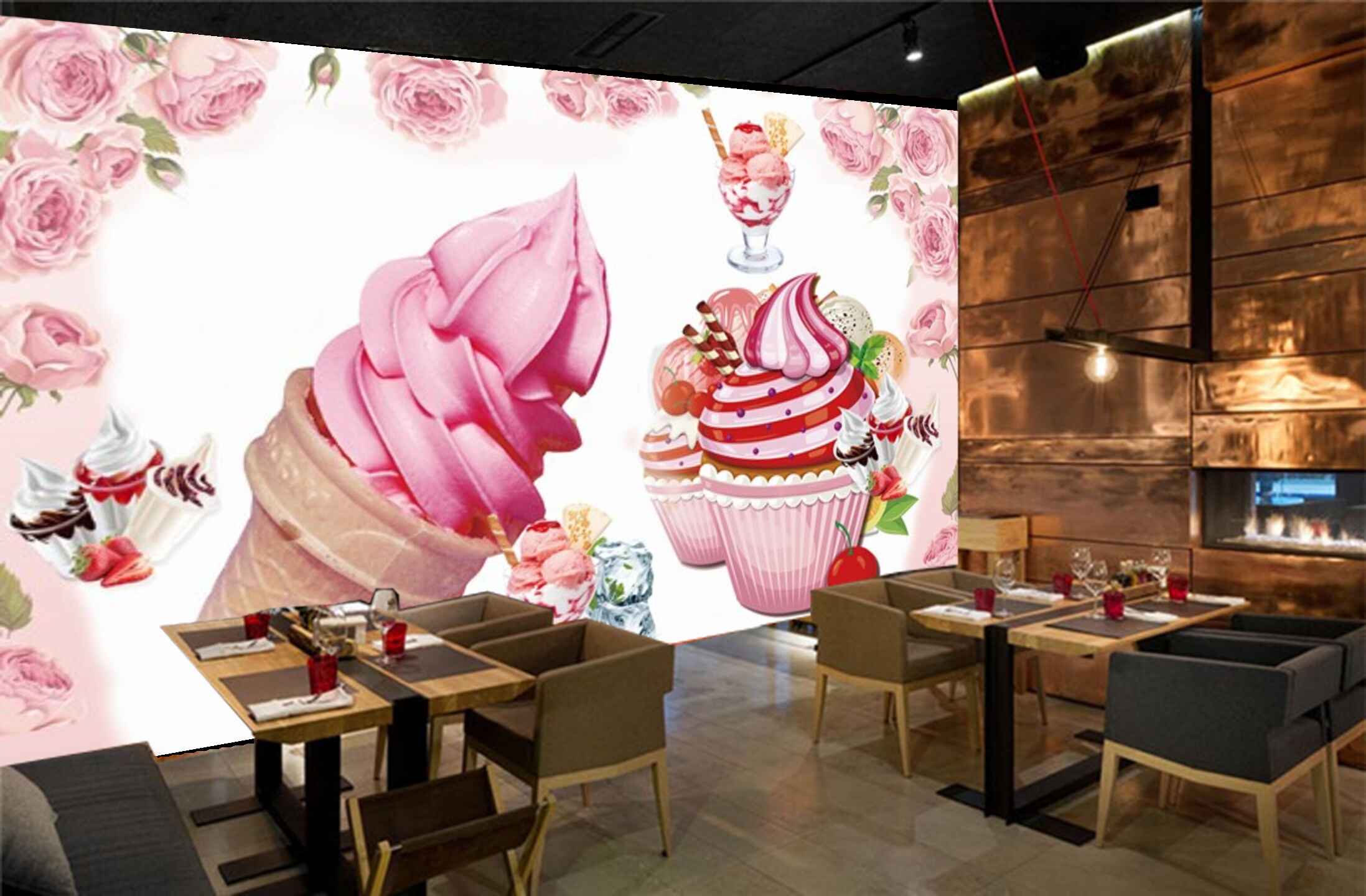 Avikalp MWZ3030 Cupcakes Ice Creams Cherries Pink Roses HD Wallpaper for Cafe Restaurant