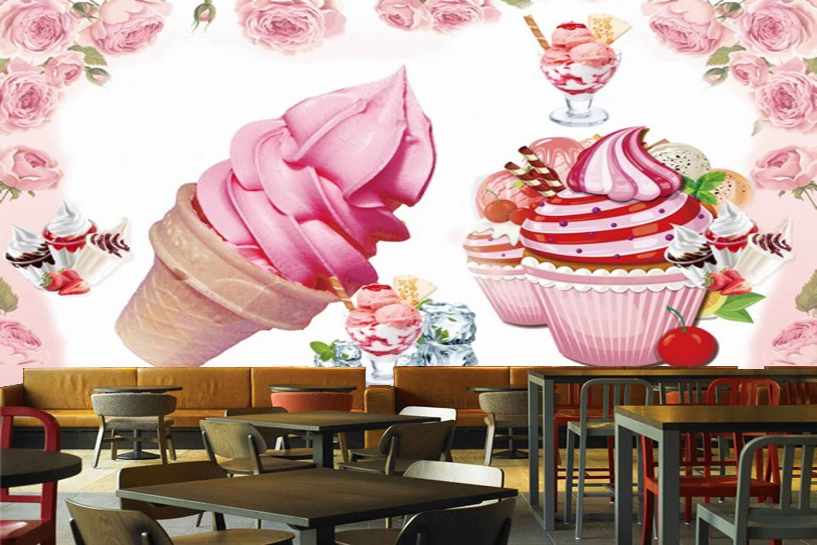 Avikalp MWZ3030 Cupcakes Ice Creams Cherries Pink Roses HD Wallpaper for Cafe Restaurant