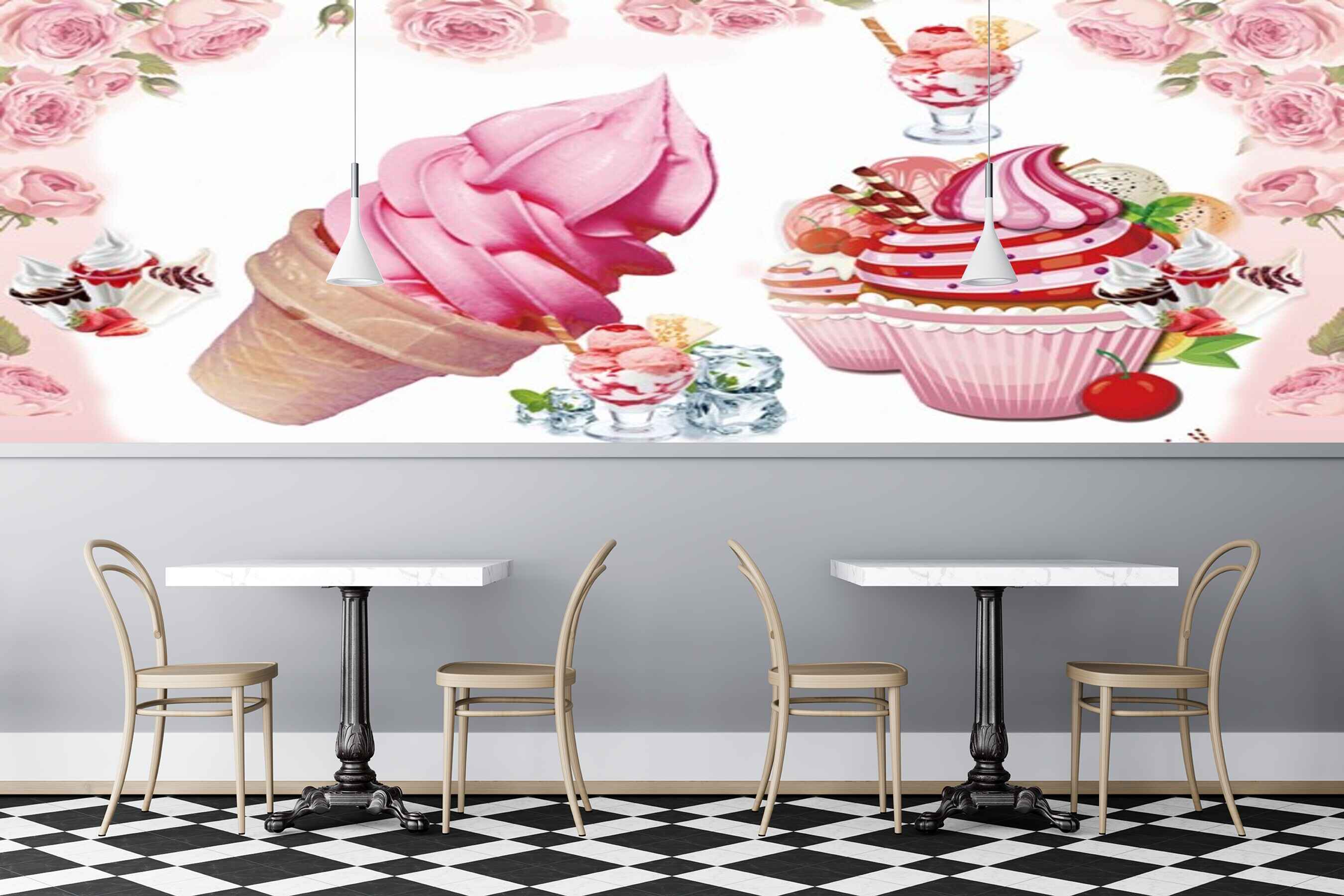 Avikalp MWZ3030 Cupcakes Ice Creams Cherries Pink Roses HD Wallpaper for Cafe Restaurant