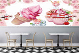 Avikalp MWZ3030 Cupcakes Ice Creams Cherries Pink Roses HD Wallpaper for Cafe Restaurant
