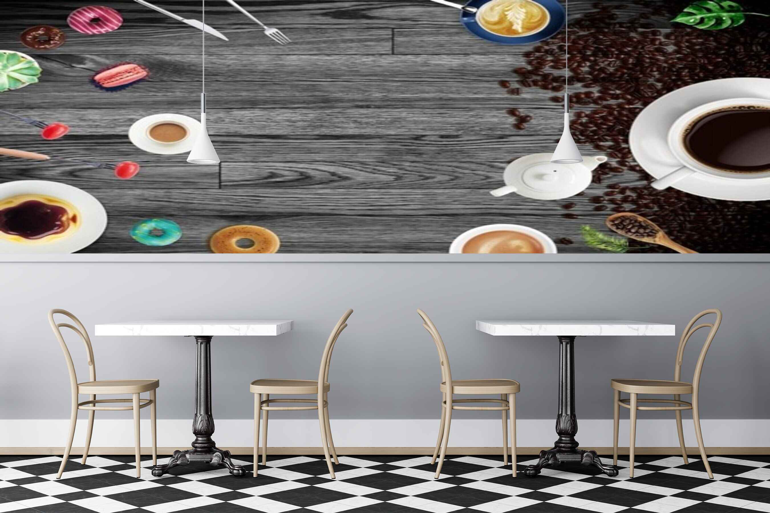 Avikalp MWZ3035 Cup Saucer Coffee Beans Donuts Candies HD Wallpaper for Cafe Restaurant