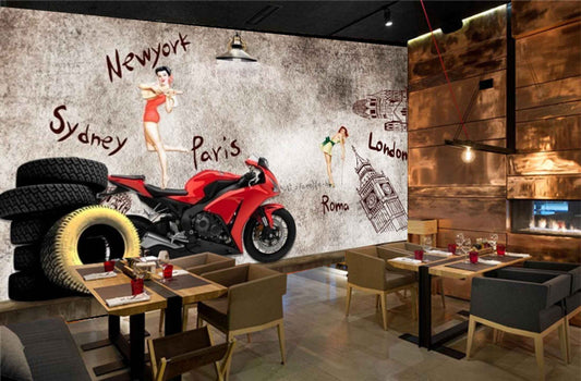 Avikalp MWZ3038 Bike Tyes London Paris Sydney Newyork HD Wallpaper for Cafe Restaurant