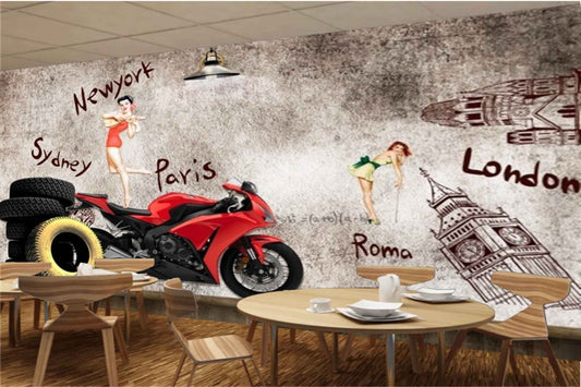 Avikalp MWZ3038 Bike Tyes London Paris Sydney Newyork HD Wallpaper for Cafe Restaurant