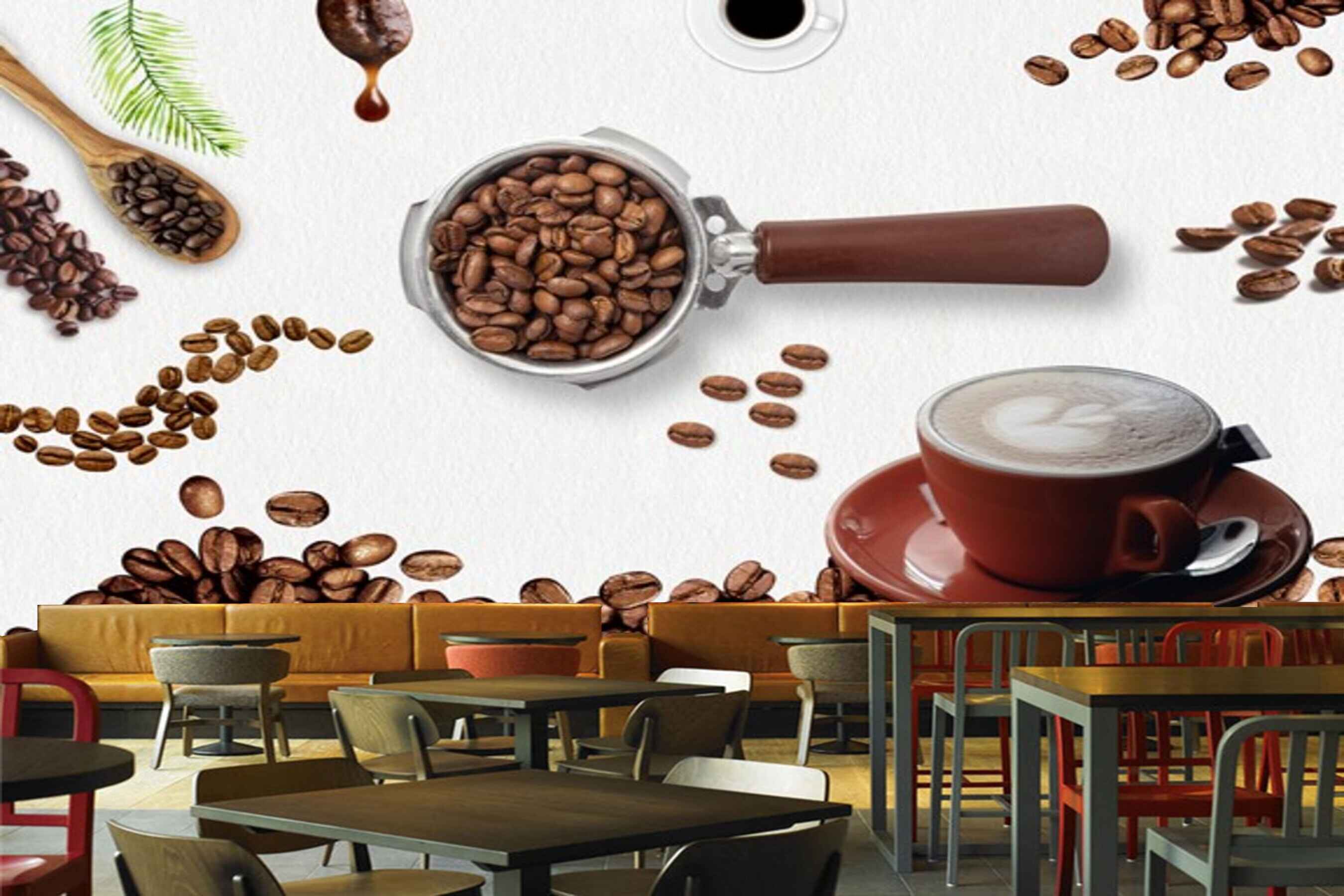 Avikalp MWZ3041 Coffee Beans Cups Saucers Leaves HD Wallpaper for Cafe Restaurant