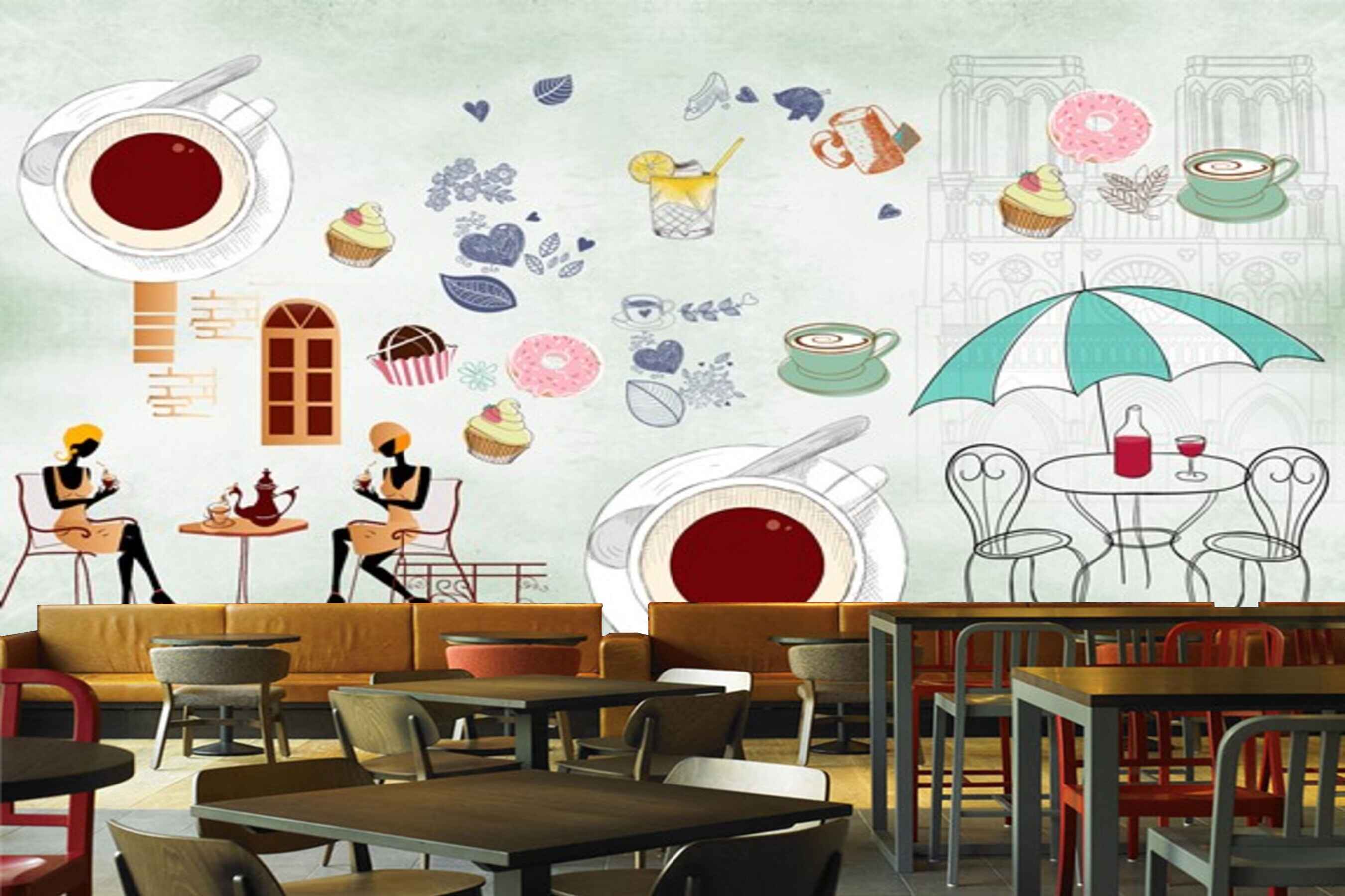 Avikalp MWZ3043 Chairs Ladies Coffee Cup Cakes HD Wallpaper for Cafe Restaurant