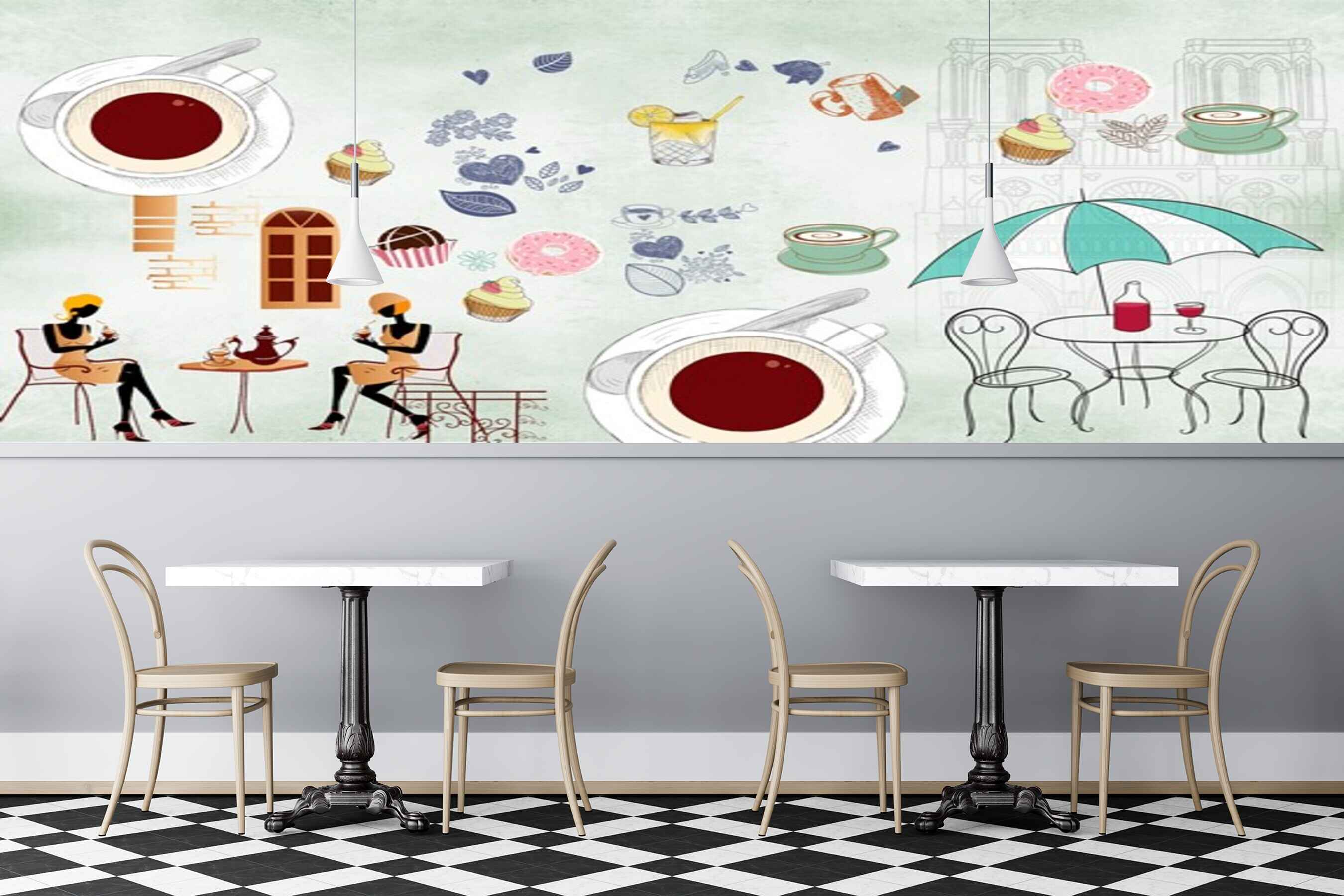 Avikalp MWZ3043 Chairs Ladies Coffee Cup Cakes HD Wallpaper for Cafe Restaurant