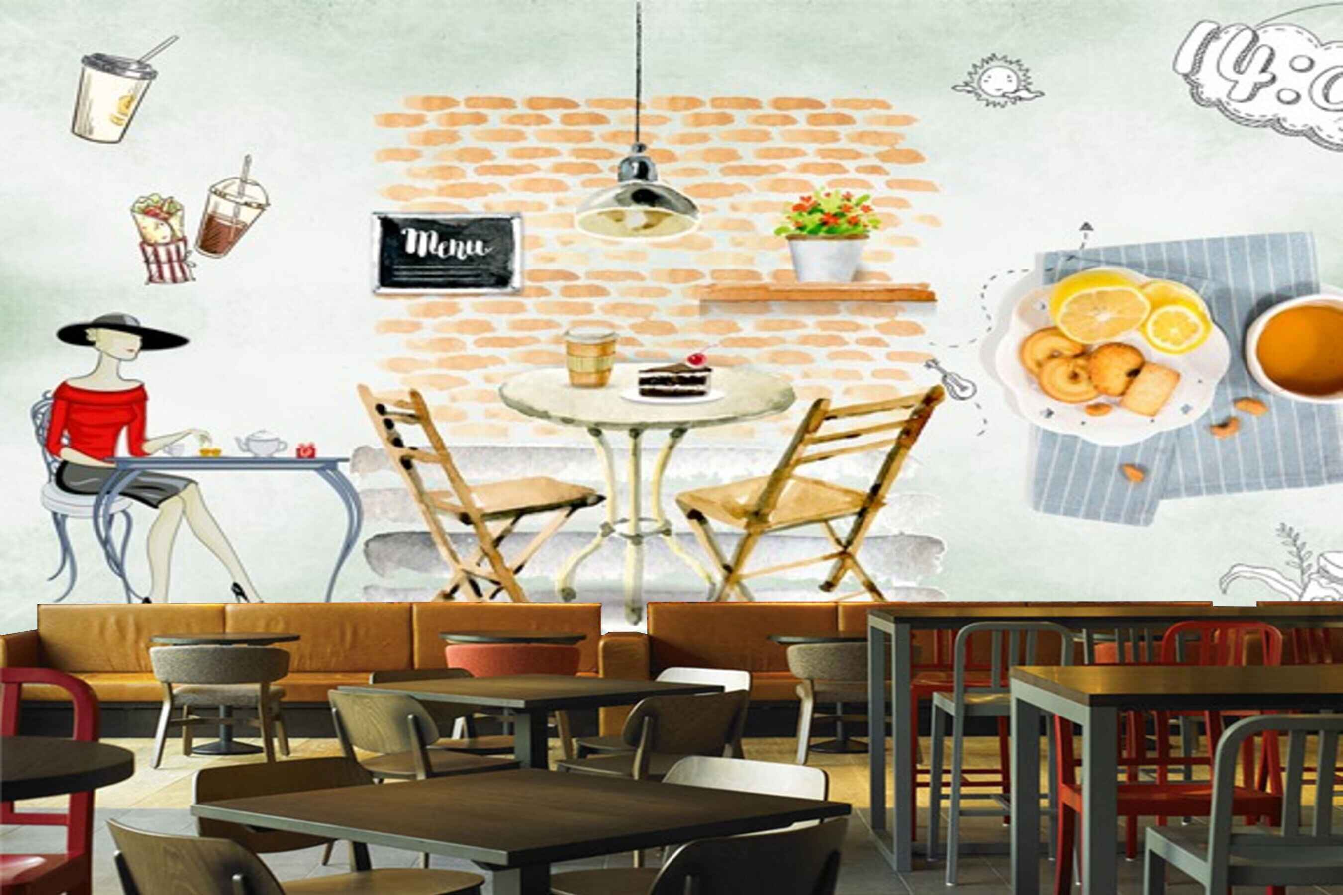 Avikalp MWZ3044 Menu Board Chairs Lemons Cakes Lady HD Wallpaper for Cafe Restaurant